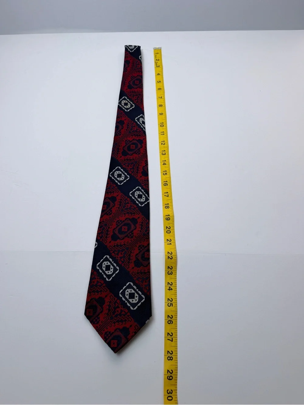 Vintage Grenada by Excello Men’s Necktie Red Navy Geometric Woven Wide Tie